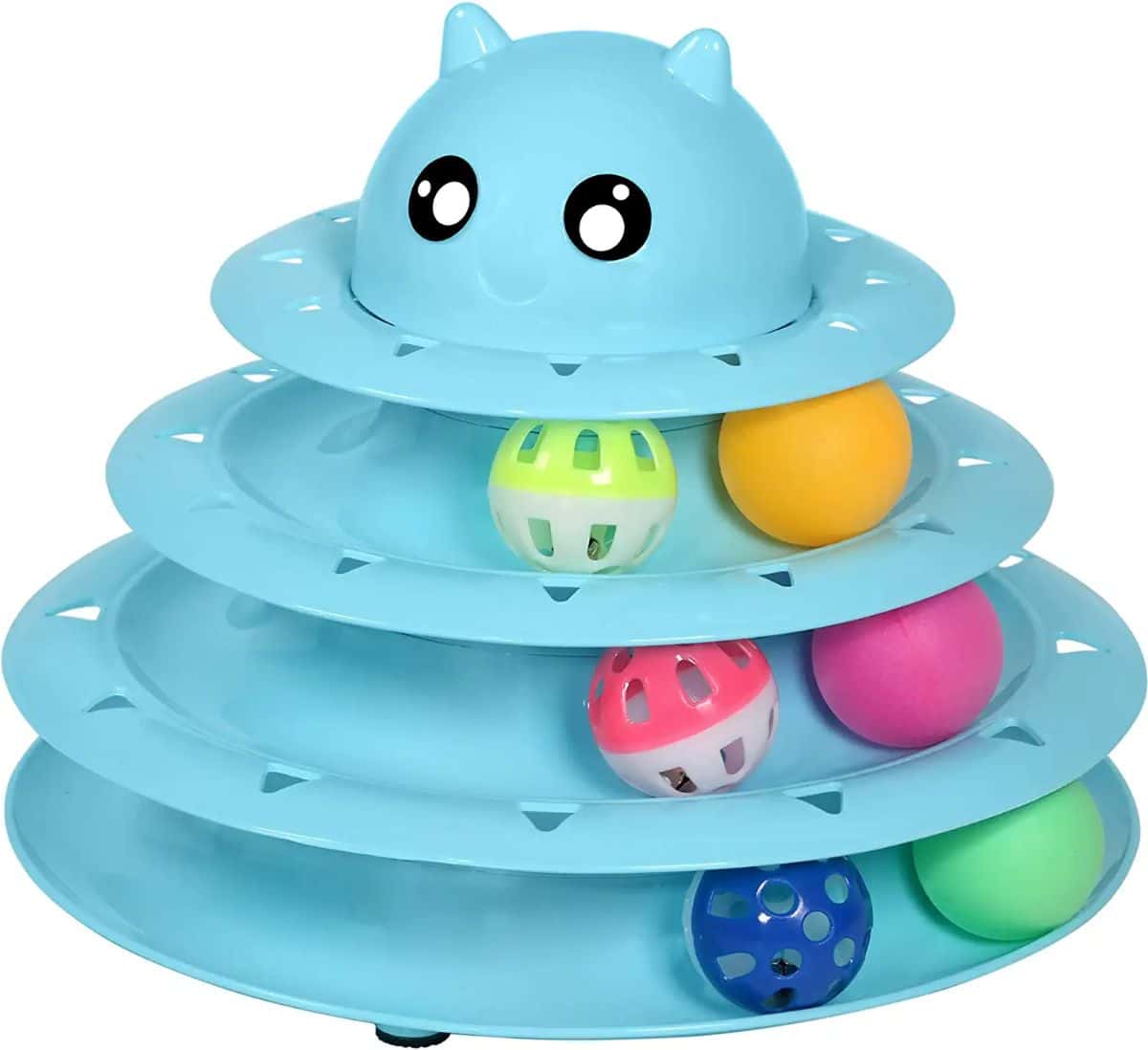 A blue plastic cat toy.