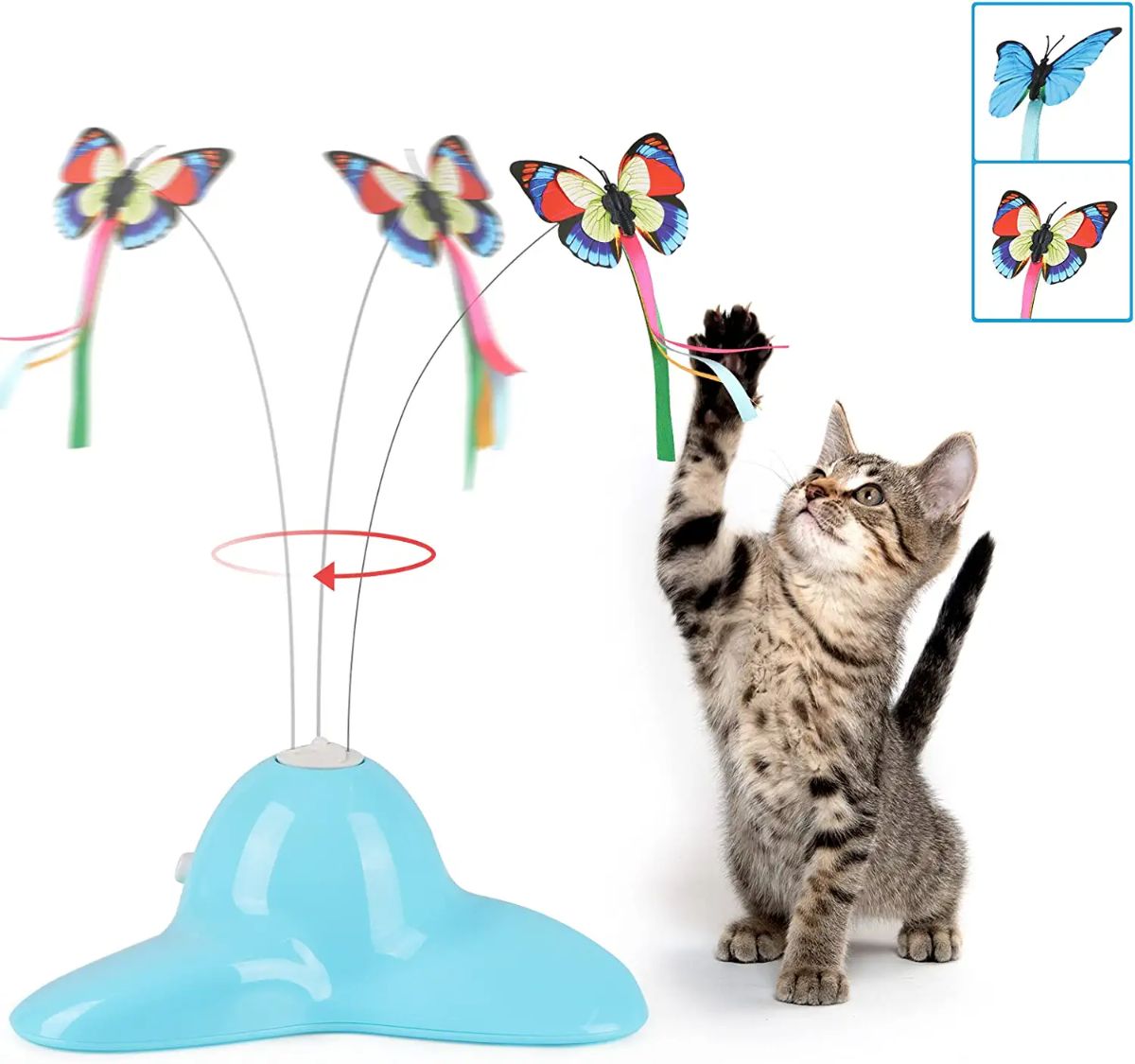A cat is playing with a butterfly cat toy.