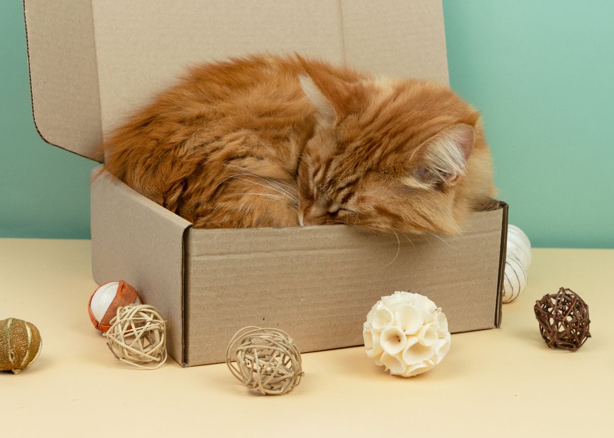 A ginger maine coon sleeping in a carboard box.