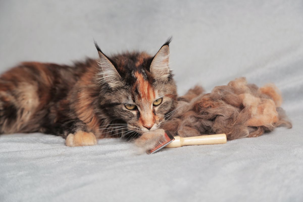 A calico maine coon lying on a bed next to a brush and a pile of brushed fur.