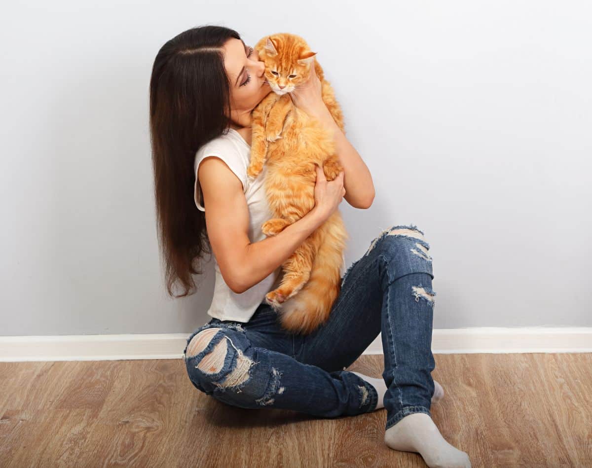 A young woman holding and kissing a red maine coon.