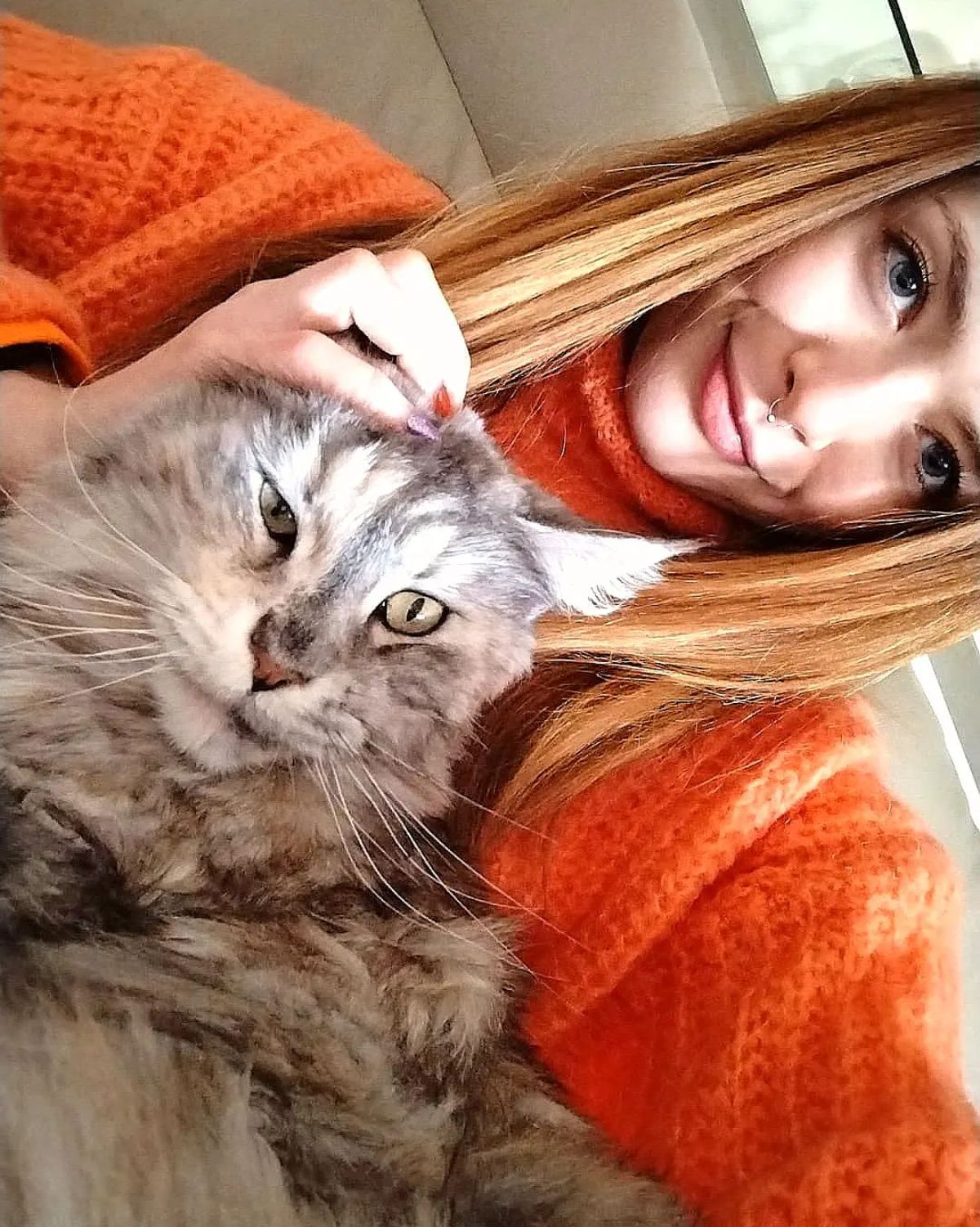 A young woman petting her tabby maine coon.