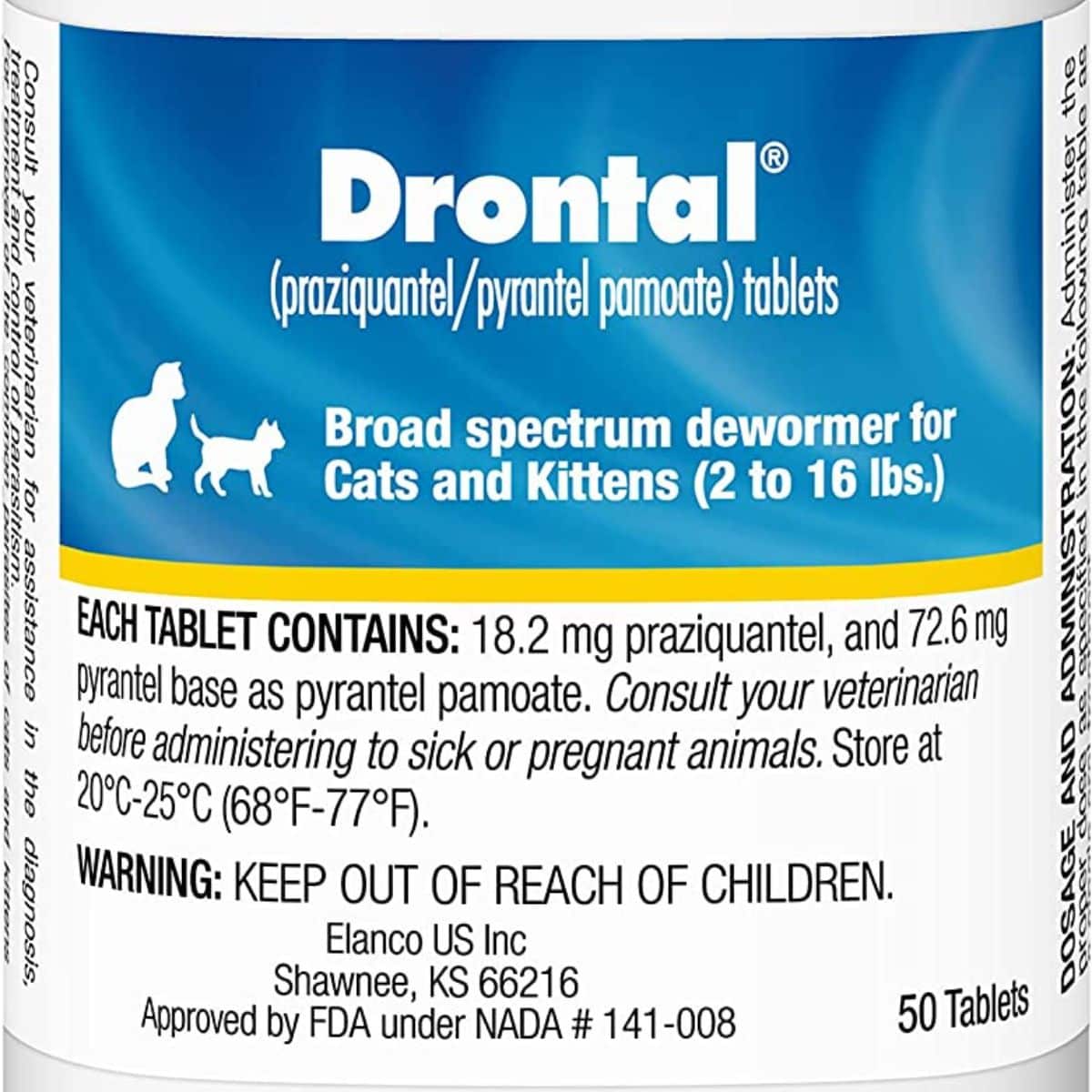 Drontal Dewormer for Tapeworms, Roundworms, Hookworms for Cats, 50 tablets